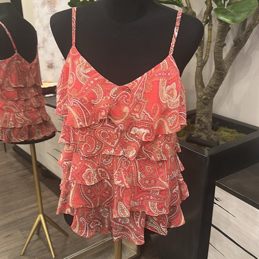INC Silk Paisley Print Layered Ruffle Camisole Top FLAWED